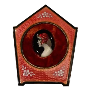 Early 1900s French Enameled Guilloche Portrait of a Lady in Red