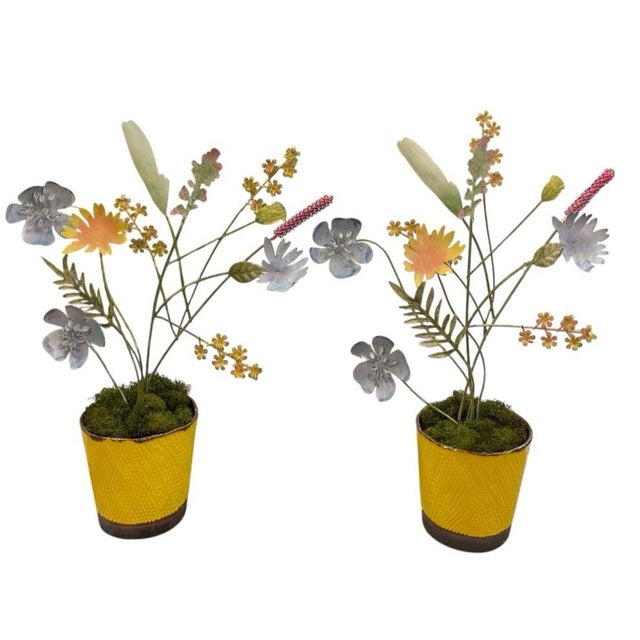 Italian Pair of Vintage Italian Hand-Painted Metal Wildflower Arrangements in Textured Yellow Ceramic Pots For Sale - Image 3 of 12