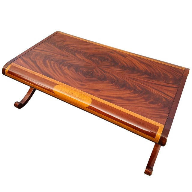 Late 20th Century Neoclassical Flame Mahogany & Satinwood Inlaid Curule Coffee Table For Sale - Image 4 of 18