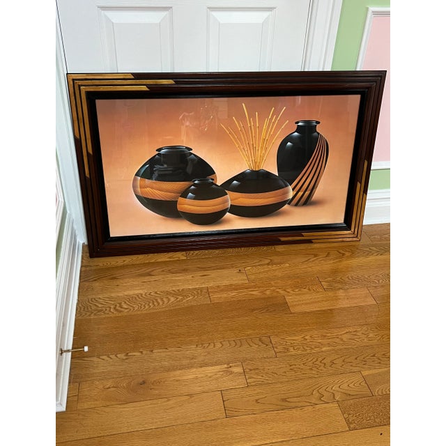 1980 Art Deco Black Vases Art Print, beautifully framed and ready to hang Apricot background color, it will work in 60s...