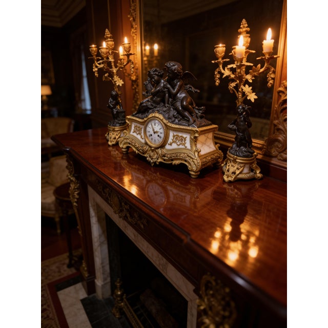 Antique French Denière Bronze & Marble Clock Garniture Set - Cherubs, 3-Piece, 19th Century For Sale - Image 11 of 18