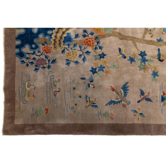 Taupe Antique Chinese Art Deco Rug 1920s - 100 Birds & Phoenix Pictorial Wool 10x14 For Sale - Image 8 of 10