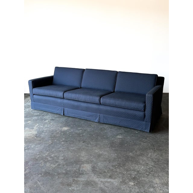 1960s Vintage Mid-Century Navy Jacquard Skirted Tuxedo Sofa For Sale - Image 10 of 18