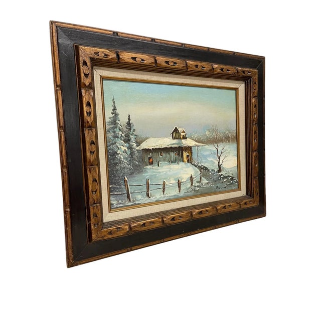 Vintage Signed Painting of Winter Cabin on Canvas. Dimensions. 23 1/2 W ; 19 1/2 H
