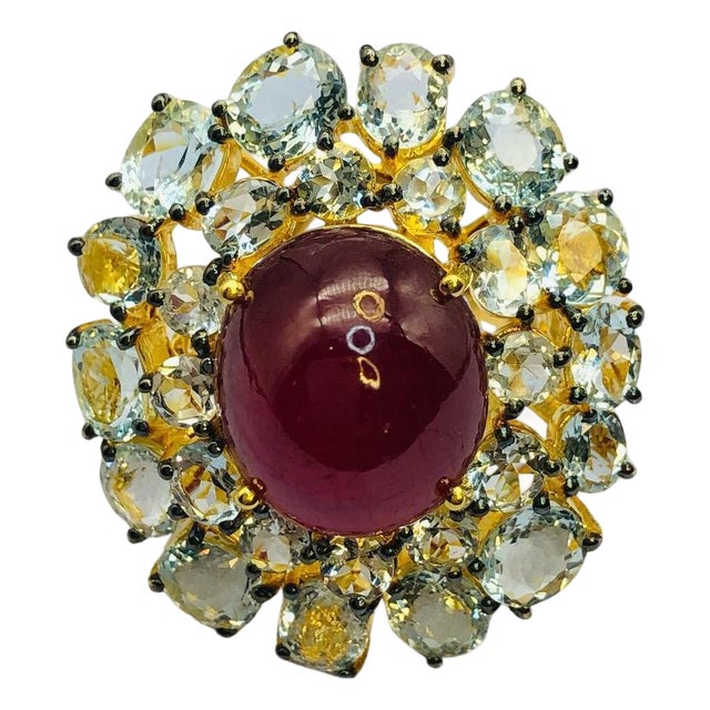 Bochic "Orient" Vintage Natural Ruby & Aquamarine Ring Set In 18K Solid Gold For Sale