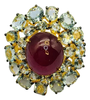 Bochic "Orient" Vintage Natural Ruby & Aquamarine Ring Set In 18K Solid Gold