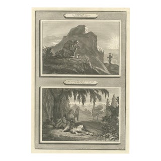Pieter Mortier, Elijah Prays for Rain and Elijah Fed by an Angel, Pieter 1700, Engraving For Sale