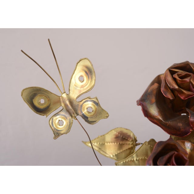 Mid Century Metal Roses and Butterfly Sculpture on Burlwood Base For Sale - Image 10 of 12