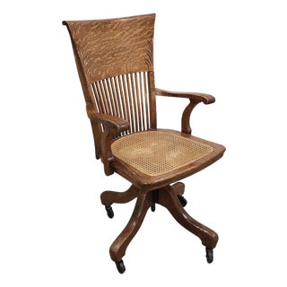Antique Quartered Oak Edwardian Swivel Office Desk Chair, C1910 For Sale