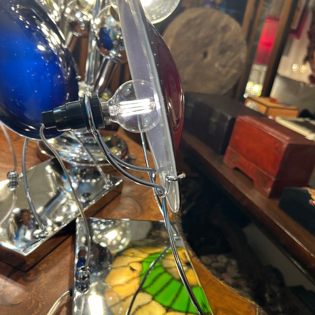 Red Hand Blown Convex Disk and Chrome Frame Tabletop Lamp For Sale - Image 10 of 11