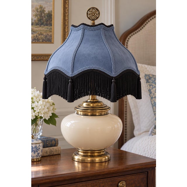 Vintage Ivory Ceramic Urn Table Lamp With Brass Base, Muted Blue Victorian Velvet Shade and Fringe For Sale In Los Angeles - Image 6 of 8