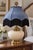 Vintage Ivory Ceramic Urn Table Lamp With Brass Base, Muted Blue Victorian Velvet Shade and Fringe For Sale In Los Angeles - Image 6 of 8
