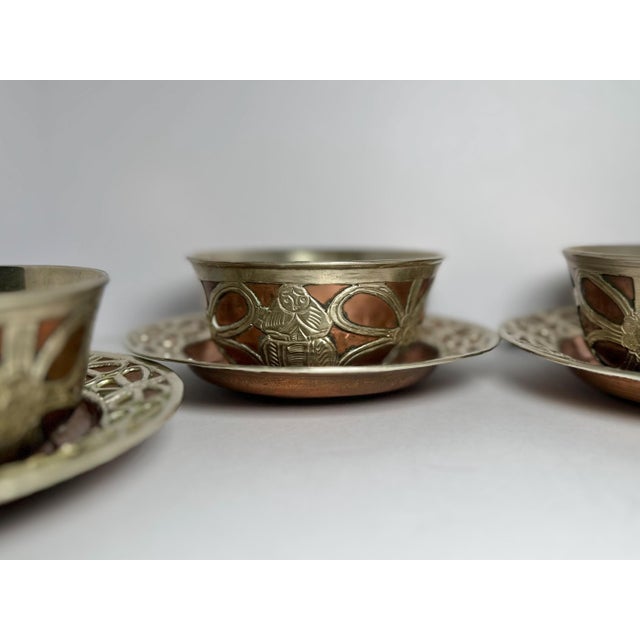 1920s Persian Silver-on-Copper "Ghalamzani" Bowl & Plate Set (8 Pieces) For Sale - Image 4 of 10