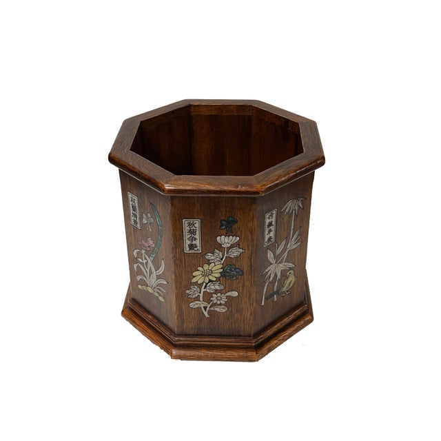 1980s Chinese Brown Natural Patina Mother of Pearl Brush Pen Holder Art For Sale - Image 5 of 11