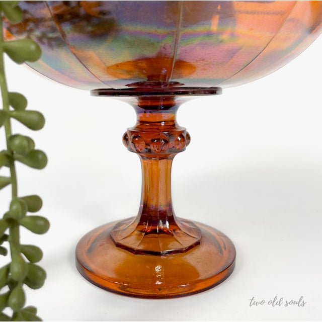 Amber Vintage Scalloped Amber Carnival Glass Pedestal Bowl For Sale - Image 8 of 9