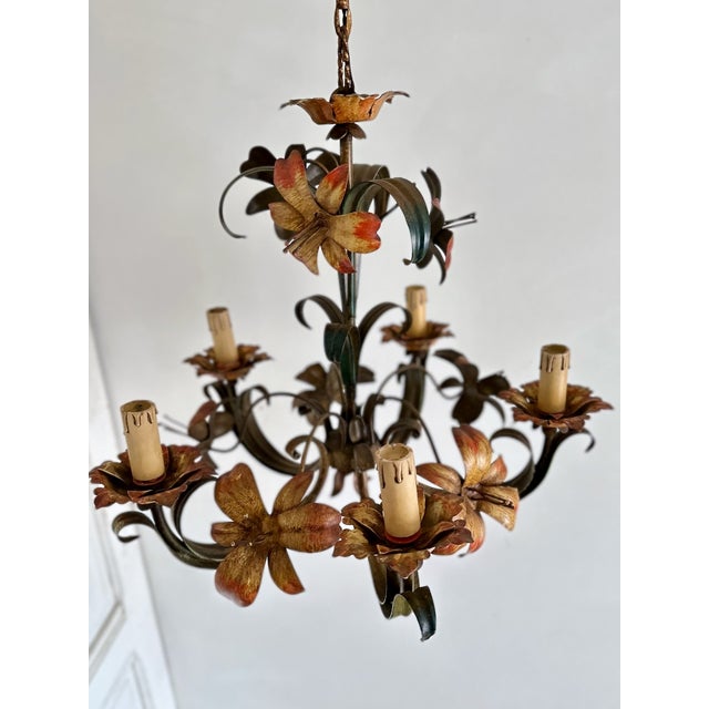 Vintage Italian Florentine Hand-Painted Tole Floral 5-Light Chandelier, 1940s For Sale - Image 14 of 18