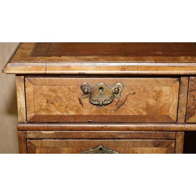 Original Victorian Burr Walnut & Brown Leather Twin Pedestal Desk For Sale - Image 6 of 18