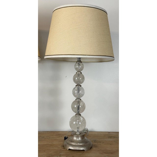Pair of Hollywood Regency Rock Crystal Stacked Orb Table Lamps - Silver Leaf For Sale - Image 11 of 17