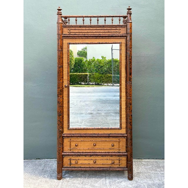 Late 20th Century Vintage Tortoise Bamboo Mirror Front Armoire For Sale - Image 5 of 12