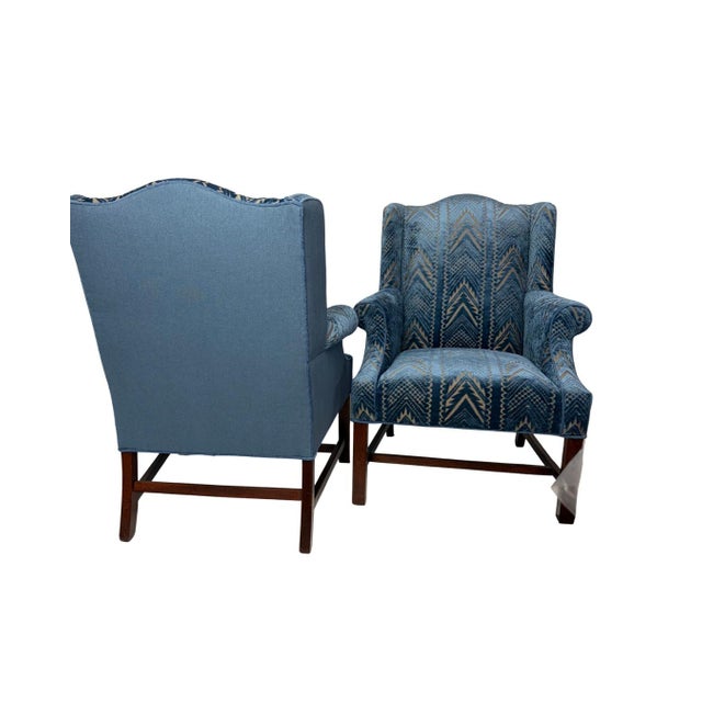 Pair of Upholstered Wingback Armchairs in a Thibaut Blue Cut Velvet For Sale - Image 4 of 4