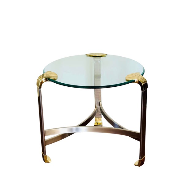 Vintage Hollywood Regency Chrome & Brass Glass-Top Side Table | Sculptural Tri-Leg Base | Art Deco Revival Accent Table...