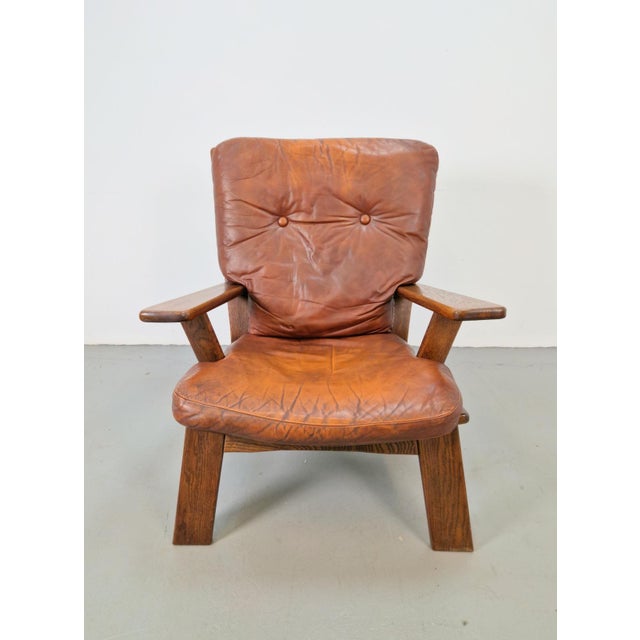1960s Brutalist Wood Armchair with Brown Leather Upholstery, Germany, 1960s For Sale - Image 5 of 15