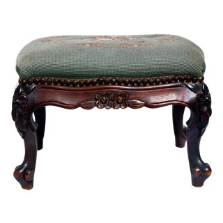 French Hand Carved Walnut Needlepoint Footstool For Sale