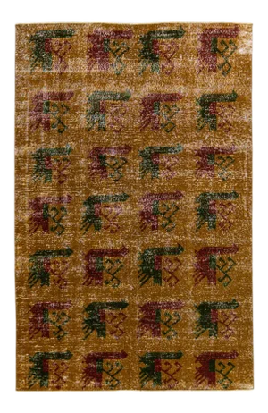 Vintage Turkish Deco Handmade Golden Tan Distressed Wool Rug