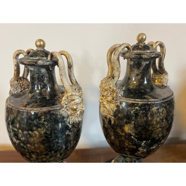 Antique 18th Century George III Wedgwood & Bentley Creamware Urns or Mantel Vases With Faux Stone Glaze & Satyr Mask Handles Circa 1780 - A Pair For Sale - Image 11 of 18