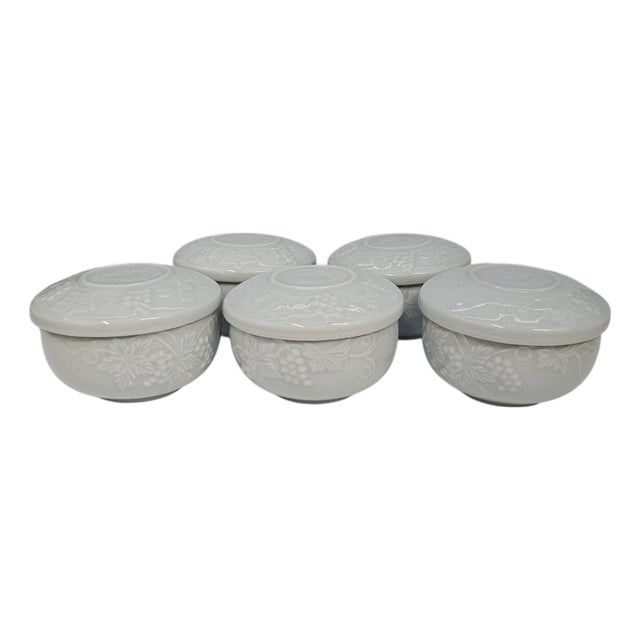 Set of 5 Vintage Korean Celadon Lidded Rice Bowls With Grape and Leaf Relief Motif For Sale