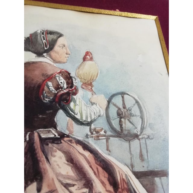 Woman Working at the Spinning Wheel, 1800s, Watercolour For Sale - Image 6 of 14