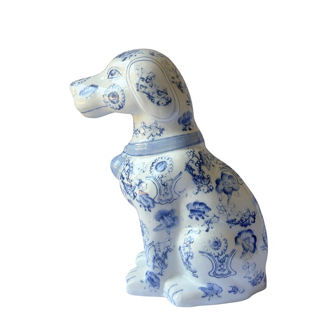 Vintage Blue and White Chinoiserie Staffordshire Style Dog Figurine For Sale - Image 4 of 9