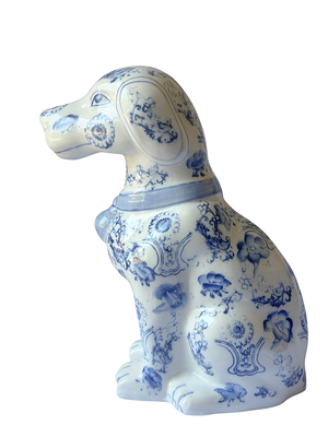 Vintage Blue and White Chinoiserie Staffordshire Style Dog Figurine