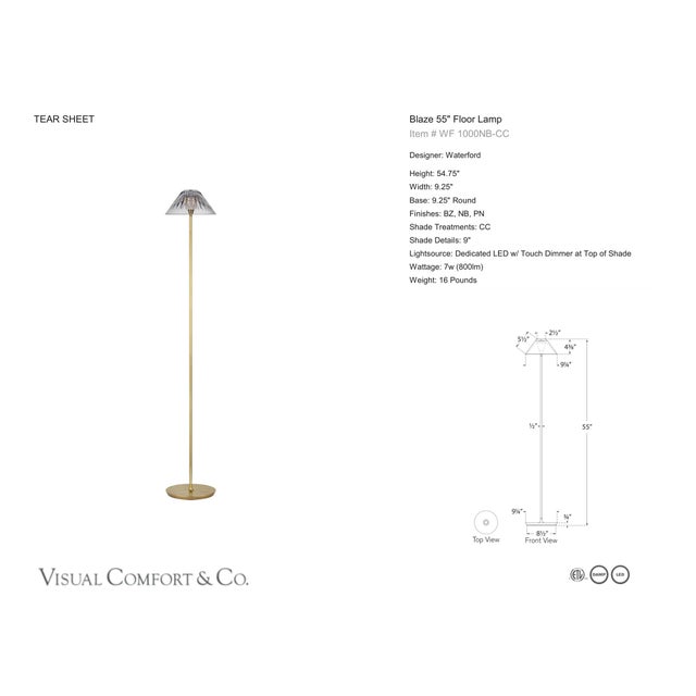 Waterford by Visual Comfort Signature Blaze 55" Floor Lamp in Natural Brass with Clear Crystal Designer: Waterford Height:...