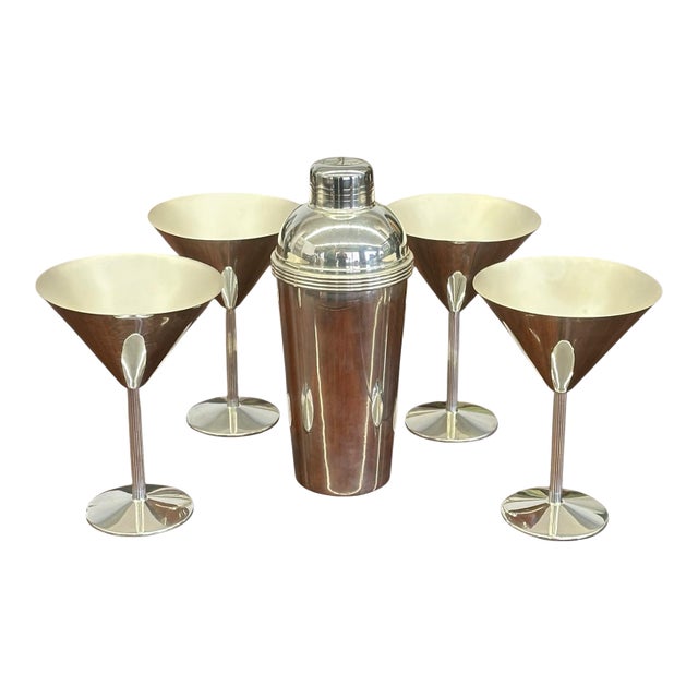 1990s Christofle K-T (Thomas Keller & Adam D. Tihany) Silverplate Cocktail Shaker and Martini Glass Set - Set of 5 For Sale