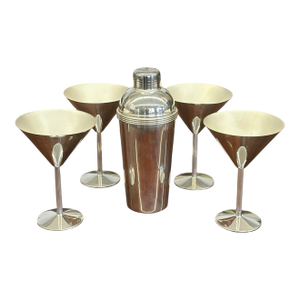 1990s Christofle K-T (Thomas Keller & Adam D. Tihany) Silverplate Cocktail Shaker and Martini Glass Set - Set of 5