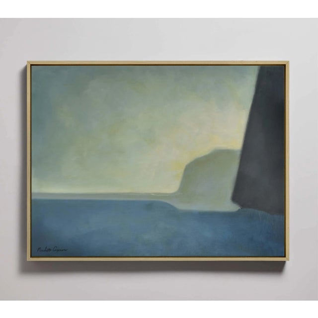 Modern abstract painting with blended blues, green and blacks. An antiquing layer was used on the original painting's...