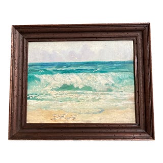1950’s Original Impressionist Seascape With Seagulls Painting Worm Wood Vintage Frame For Sale