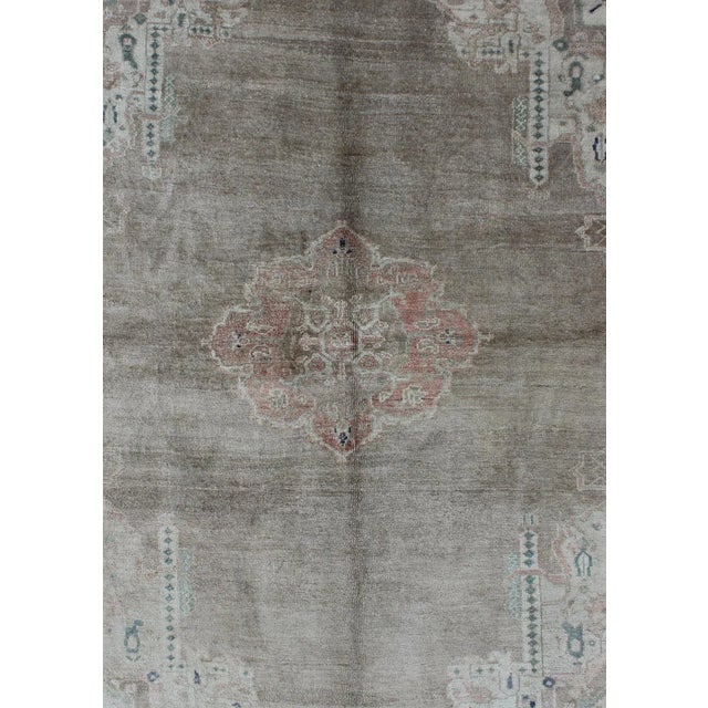 Mid 20th Century Square Shape and Lightly Colored Vintage Turkish Oushak Rug With Medallion Geometric Border For Sale - Image 4 of 8