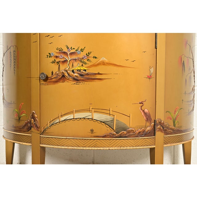 Imperial Furniture Regency Chinoiserie Gold Lacquered Hand Painted Demilune Console or Bar Cabinet, Circa 1940s For Sale - Image 9 of 14