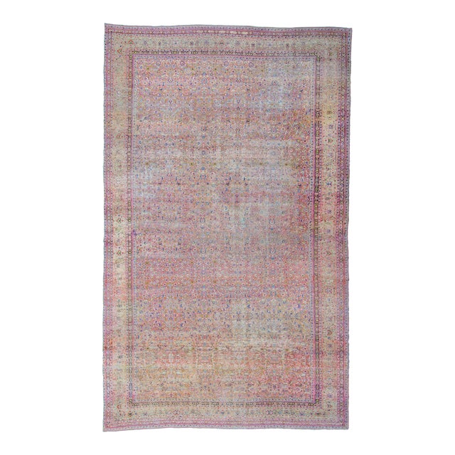 Vintage Rug Pink Rasberry Purple Beige Allover Botanical Hand-Knotted Wool Pile Rug - 12’5” X 20’7” For Sale