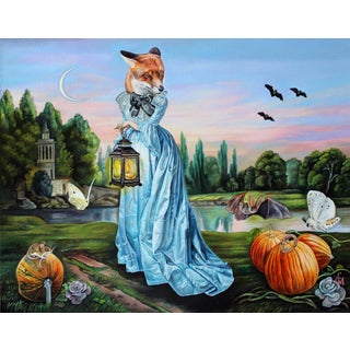 Madam X by Claudia Griesbach-Martucci | Oil on board Woman in a blue dress with a fox head holding a lantern. For Sale