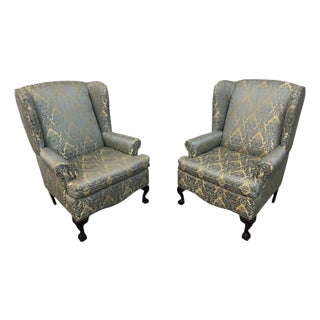 Antique Chippendale Mahogany Ball & Claw Upholstered Arm Chairs - Set of 2 For Sale