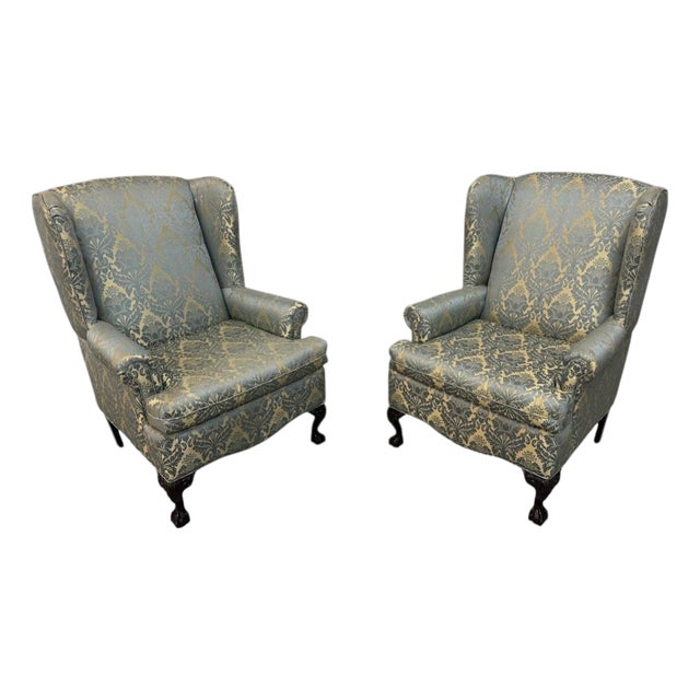 Antique Chippendale Mahogany Ball & Claw Upholstered Arm Chairs - Set of 2 For Sale