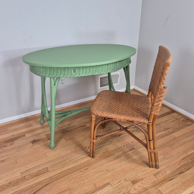 Early 20th Century Celery Green Painted Wicker Oval Sofa Console Table Desk Vanity For Sale - Image 10 of 11