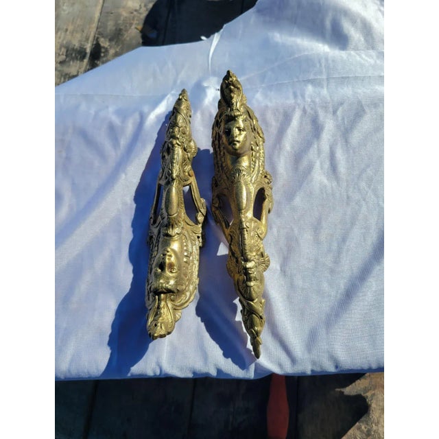 19th C French Ormolu Bronze Mounts Pair Gilt Gold Female Face Appliques For Sale - Image 4 of 13