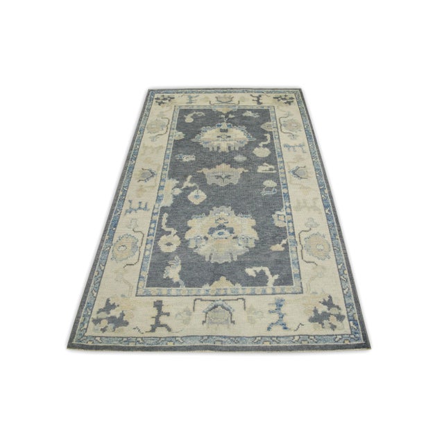Early 21st Century Early 21st Century Gray Floral Design Handwoven Wool Turkish Oushak Rug 3'10" X 6'2" For Sale - Image 5 of 7