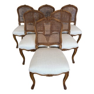 Set of Six Carved Wood Cane Back Dining Chairs With Upholstered Seats For Sale