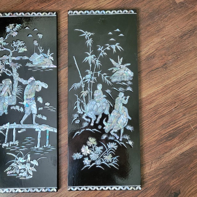 The product is a rare and vintage set of four Vietnamese Mother of Pearl inlay lacquer panels. Handmade in Vietnam, these...