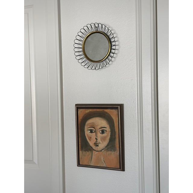 Petite Scale Modernist French Round Brass Sunburst Loop Mirror, 1950s For Sale - Image 9 of 15